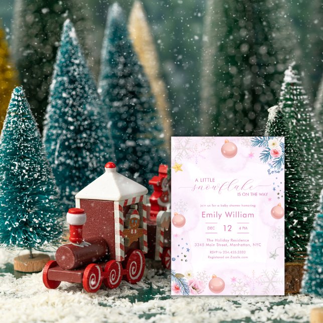 Pastel Pink Snowflake Floral Winter Baby Shower Einladung (Pastel Pink Snowflake Floral Winter Baby Shower Invitation)