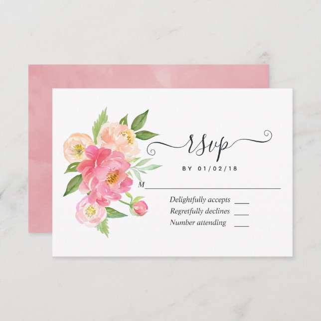 Pastel Pink Spring Wasserfarbenpione Hochzeit RSVP Karte (Vorne/Hinten)