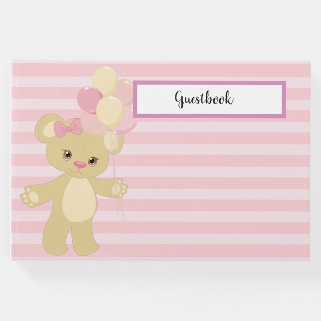 PASTEL PINK STREIFEN MIT TAN TEDDY BEAR & BALLOONS GÄSTEBUCH (Vorderseite)