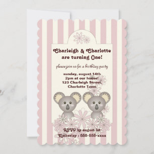 Pastel Pink Stripe Baby Koala Twin Girl Geburtstag Einladung