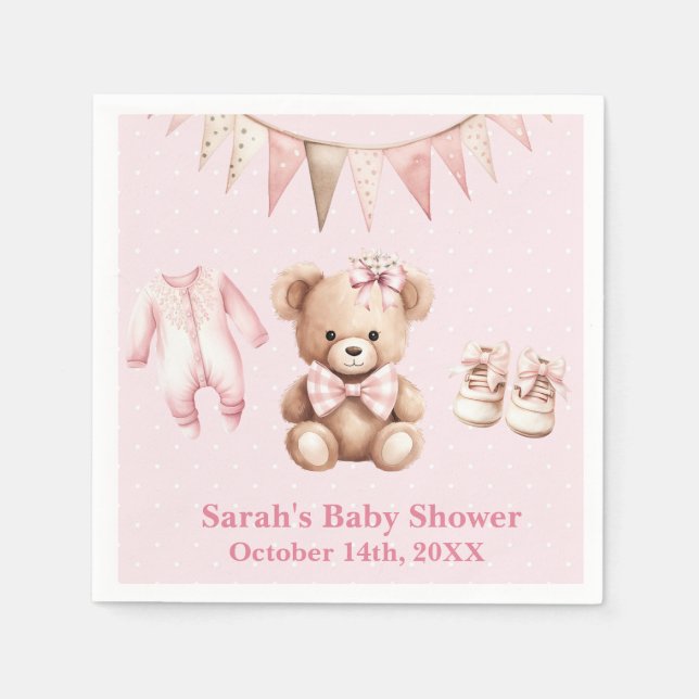 Pastel Pink Teddy Bear Baby Shower Paper Napkin Serviette (Vorderseite)