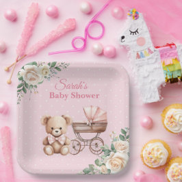 Pastel Pink Teddy Bear Baby Shower Paper Plate Pappteller