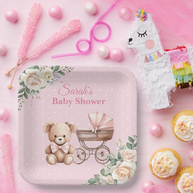 Pastel Pink Teddy Bear Baby Shower Paper Plate Pappteller (Party)