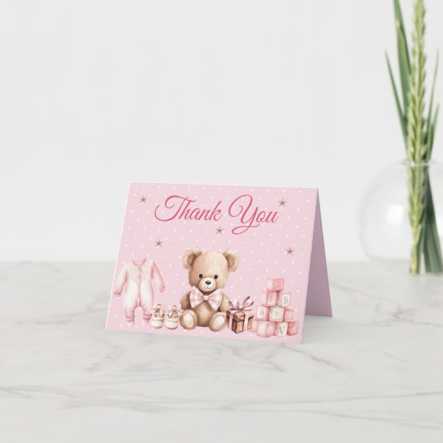 Pastel Pink Teddy Bear Baby Shower Thank You (Vorderseite)
