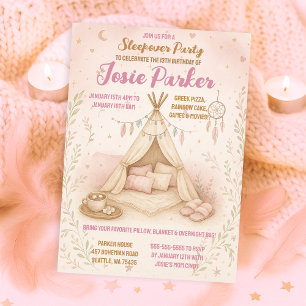 Pastel Pink Teepee Sleepover Geburtstagsparty Einladung