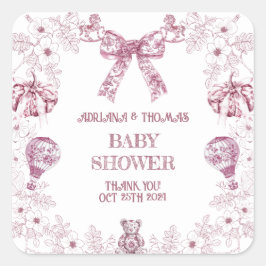 Pastel Pink Toile Preppy Baby Dusche Quadratischer Aufkleber