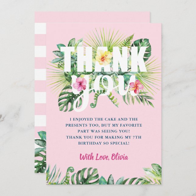 Pastel Pink Tropische Vegetation Floral Geburtstag Dankeskarte (Vorne/Hinten)