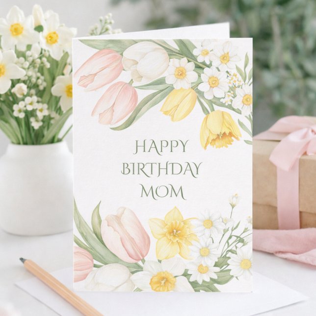 Pastel Pink Tulips Daffodils Floral Birthday Card Karte (Von Creator hochgeladen)