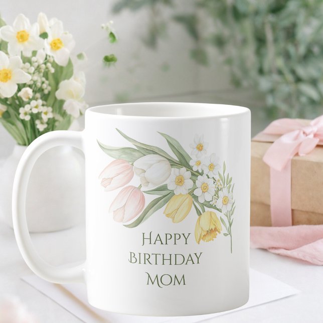 Pastel Pink Tulips Daffodils Floral Birthday Mug Kaffeetasse (Von Creator hochgeladen)