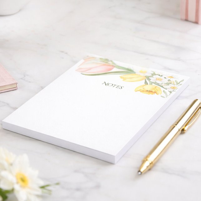 Pastel Pink Tulips Daffodils Spring Floral Notepad Notizblock (Von Creator hochgeladen)