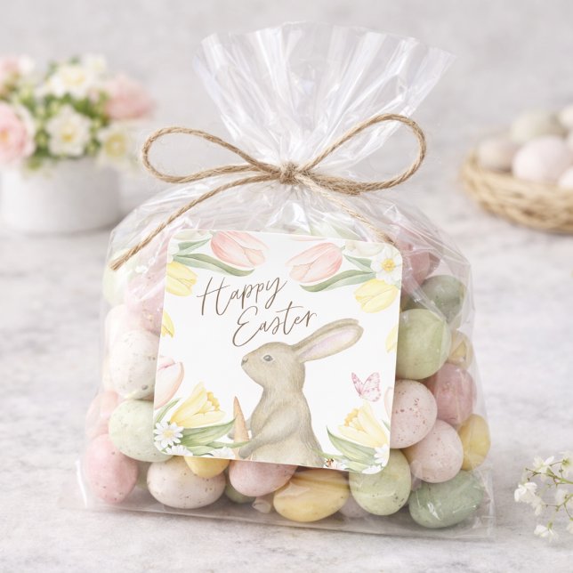 Pastel Pink Tulips & Yellow Daffodils Happy Easter Quadratischer Aufkleber (Von Creator hochgeladen)