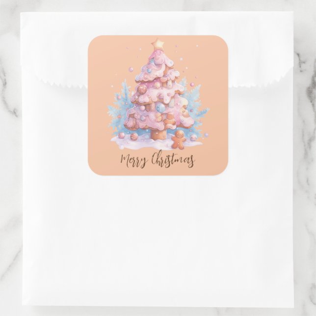 Pastel Pink und Blauer Lebkuchen Weihnachtsbaum Quadratischer Aufkleber (Tasche)