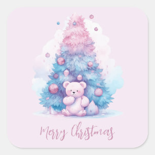 Pastel Pink und Blue Teddy Bären Weihnachtsbaum Quadratischer Aufkleber