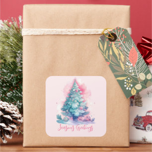 Pastel Pink und Blue Whimsical Weihnachtsbaum Quadratischer Aufkleber