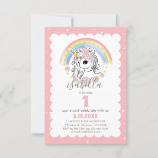 Pastel Pink Unicorn Girl Birthday Einladung