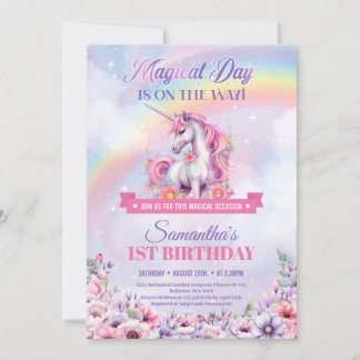 Pastel Pink Unicorn und Rainbows 1. Geburtstag Einladung