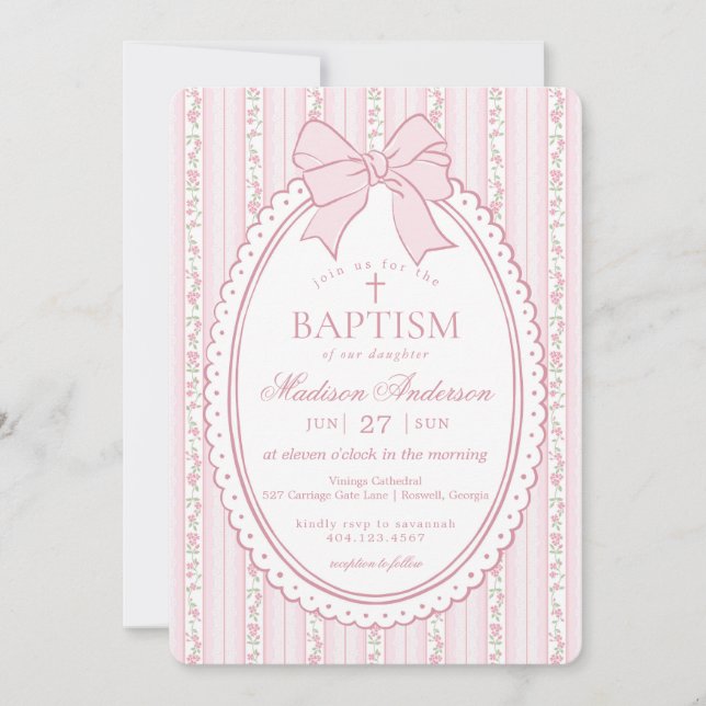 Pastel Pink Vintage Fancy Floral Baptism Einladung (Vorderseite)