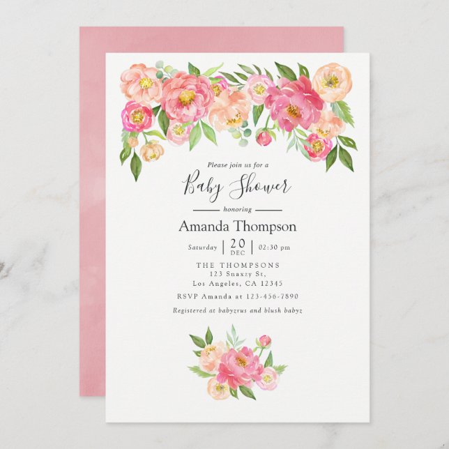 Pastel Pink Wasserfarbe Peonies Baby Dusche Einladung (Vorne/Hinten)