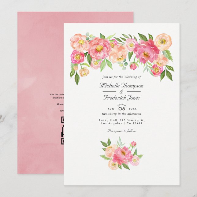 Pastel Pink Wasserfarbe Peony QR Code UAWG Wedding Einladung (Vorne/Hinten)