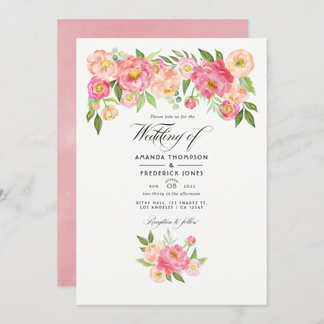 Pastel Pink Wasserfarbenpeonies Hochzeitliches Fot Einladung (Vorne/Hinten)
