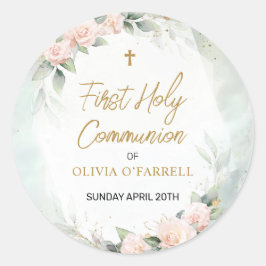 Pastel Pink Watercolor Floral First Holy Communion Runder Aufkleber