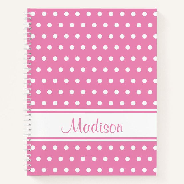 Pastel Pink White Polka Dot Stripskriptname Notizbuch (Vorderseite)