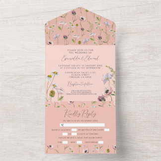 Pastel Pink Wilde Blume Boho Botanische Hochzeit All In One Einladung