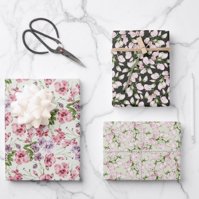 Pastel Pink Wilde Blume Buds Geschenkpapier Set (Vorderseite)