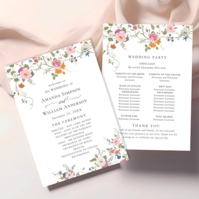 Pastel Pink Wilde Blume Hochzeitfeier Programm (Von Creator hochgeladen)