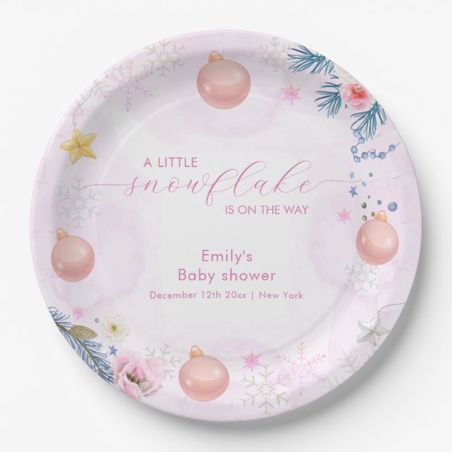 Pastel Pink Winter Snowflake Floral Baby Shower  Pappteller (Vorderseite)
