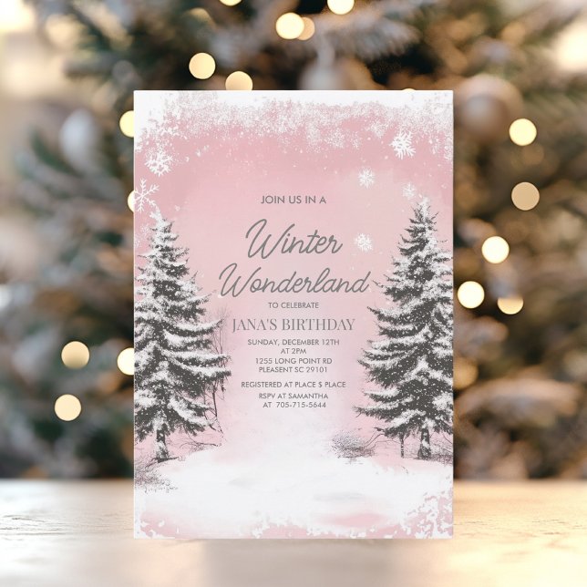 Pastel Pink Winter Wonderland Birthday Party Einladung (Von Creator hochgeladen)