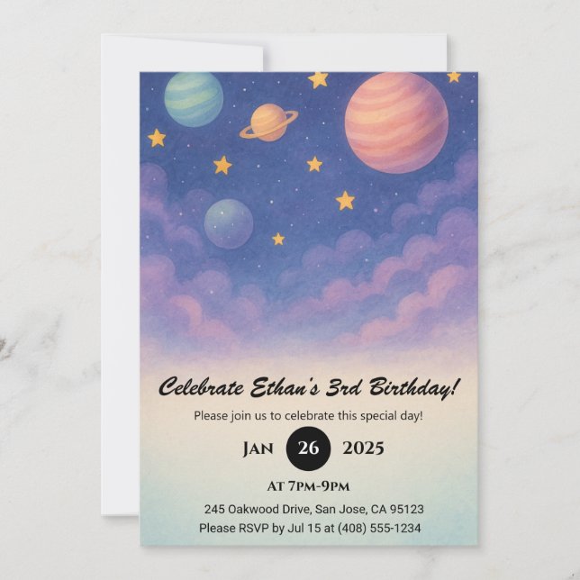 Pastel Planets in the Night Sky Birthday  Einladung (Vorderseite)