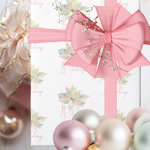 Pastel Poinsettia Happy Holidays Pink Gold Sage Geschenkpapier
