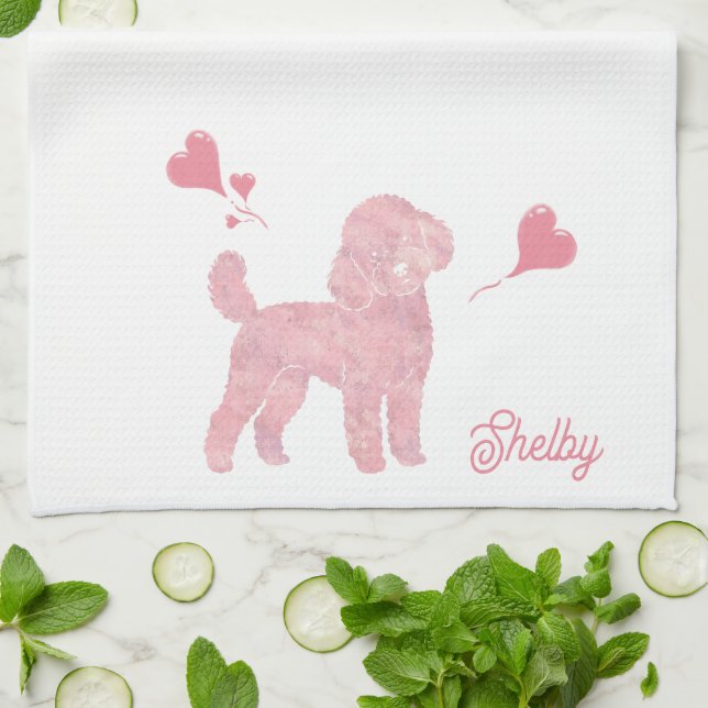 Pastel Poodle Silhouette Valentine Custom Name Geschirrtuch (Gefaltet)