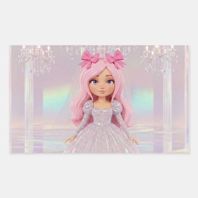 Pastel Princess Bride in Puff Sleeves & Glitzer Rechteckiger Aufkleber (Vorderseite)
