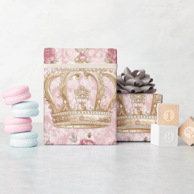 Pastel Princess Crowns Damask Pearls Geschenkpapier (Babyparty)