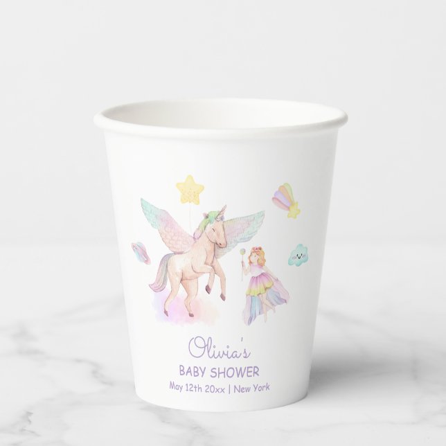 Pastel Princess Unicorn Kinderdusche Pappbecher (Vorderseite)