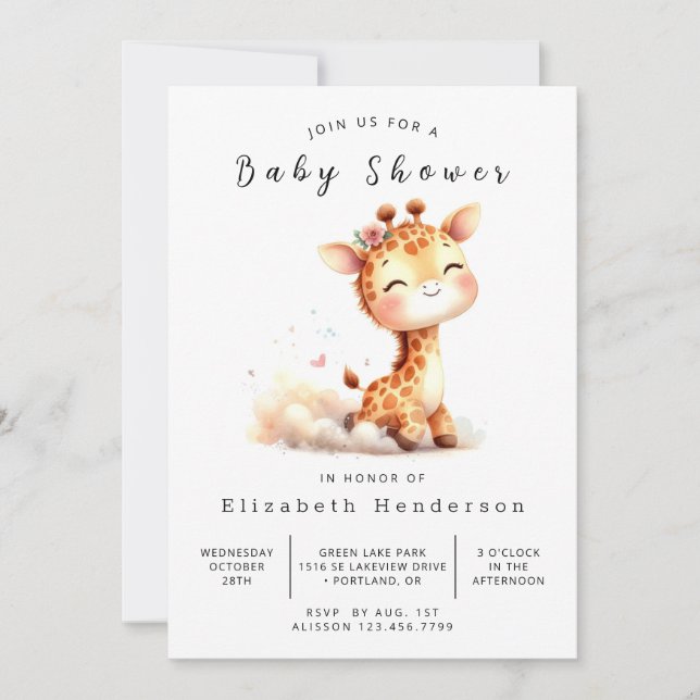 Pastel Printable Giraffe Babydusche Einladung (Vorderseite)