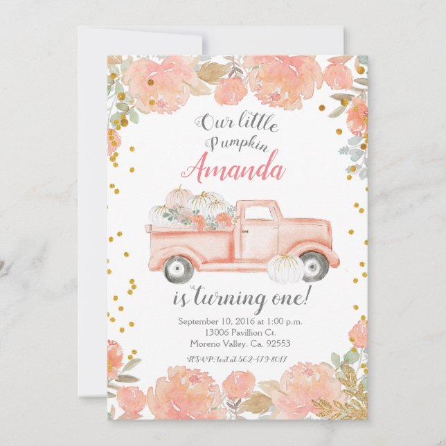 Pastel Pumpkin 1. Geburtstag Girl Einladung (Vorderseite)