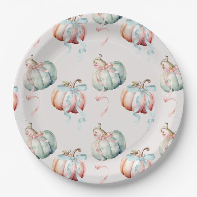 Pastel Pumpkin and Bow Gender Reveal Charger Plate Pappteller (Vorderseite)