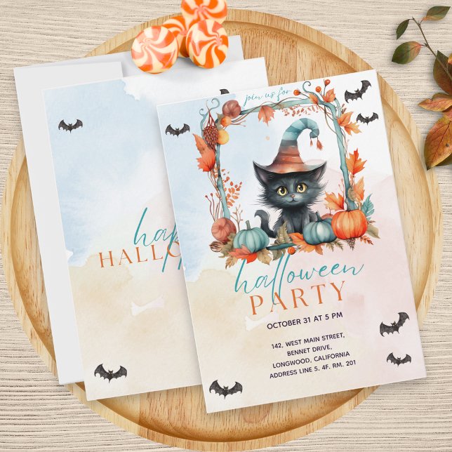 Pastel Pumpkin Patch Black Cat Halloween-Party Einladung (Von Creator hochgeladen)