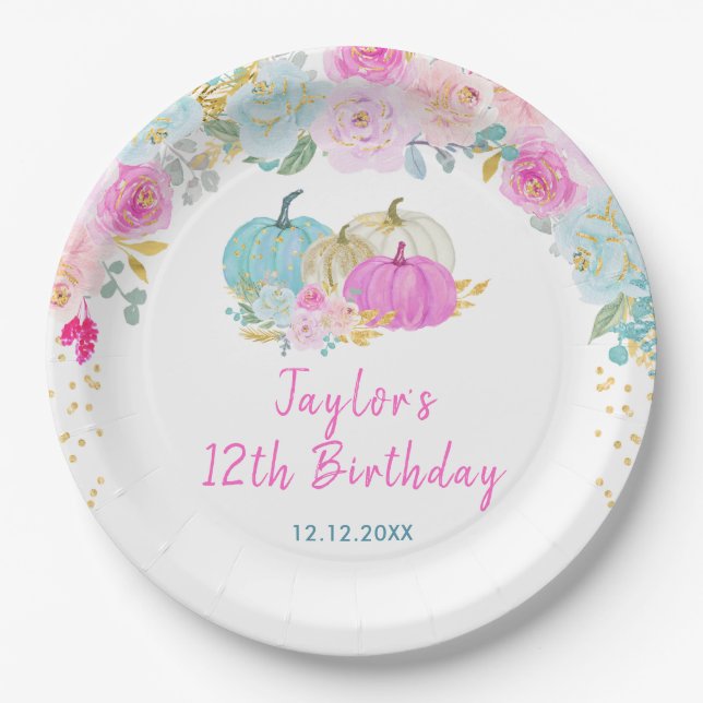 Pastel Pumpkins Floral Birthday Party Pappteller (Vorderseite)