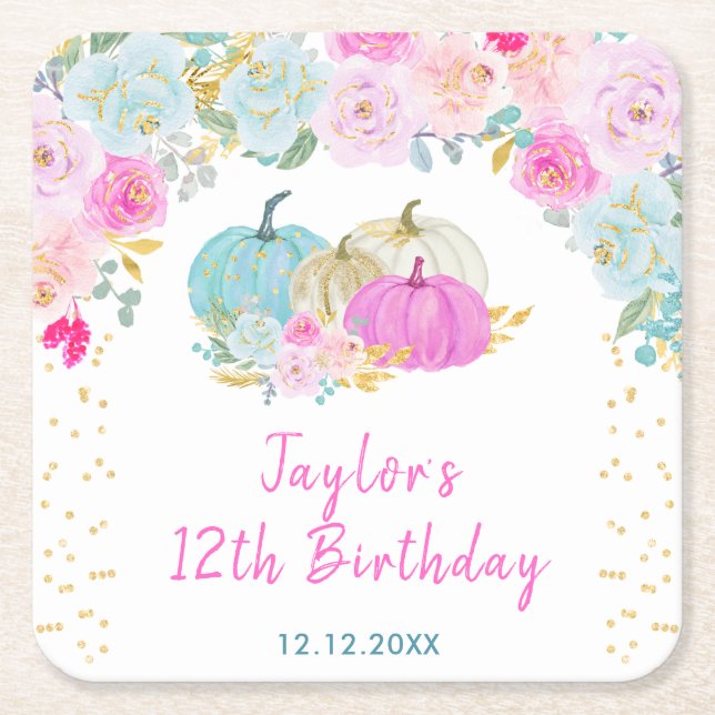 Pastel Pumpkins Floral Birthday Party Rechteckiger Pappuntersetzer (Vorderseite)