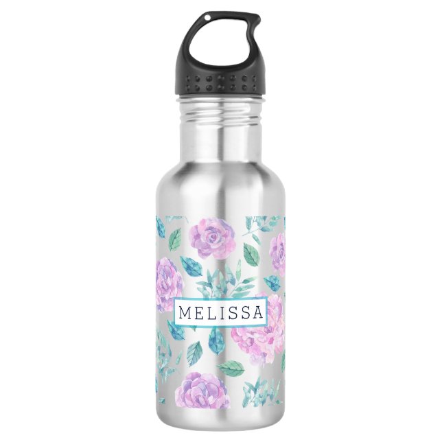 Pastel Purple Flowers Muster Monogram Trinkflasche (Vorderseite)