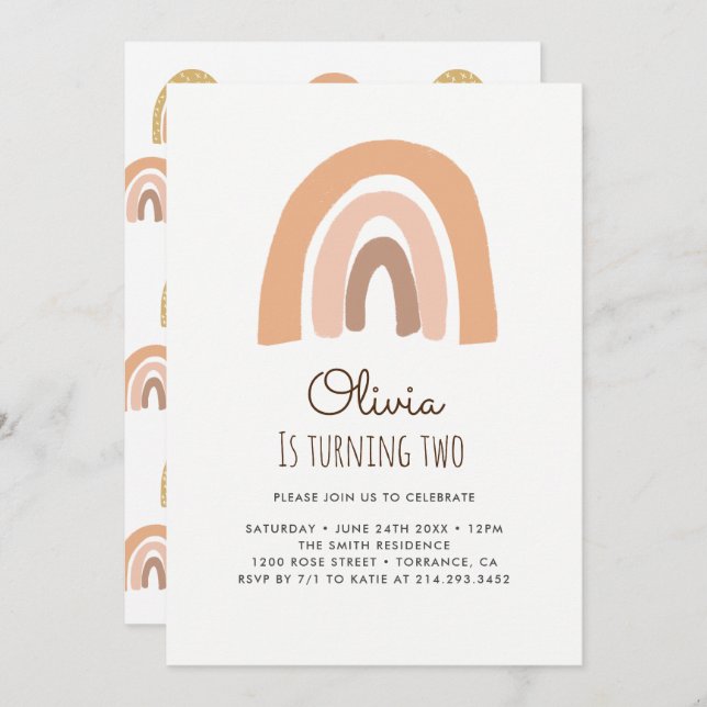 Pastel Rainbow 2. Geburtstag Einladungskarten (Vorne/Hinten)
