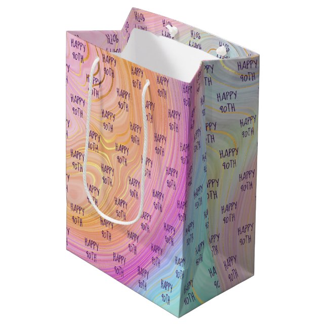 Pastel Rainbow 90th Birthday Medium Geschenktasche Mittlere Geschenktüte (Vorderseite Schrägansicht)