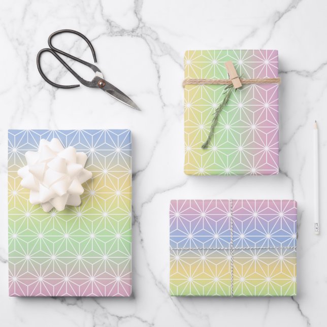 Pastel Rainbow Asanoha Geometrisches Muster Geschenkpapier Set (Vorderseite)