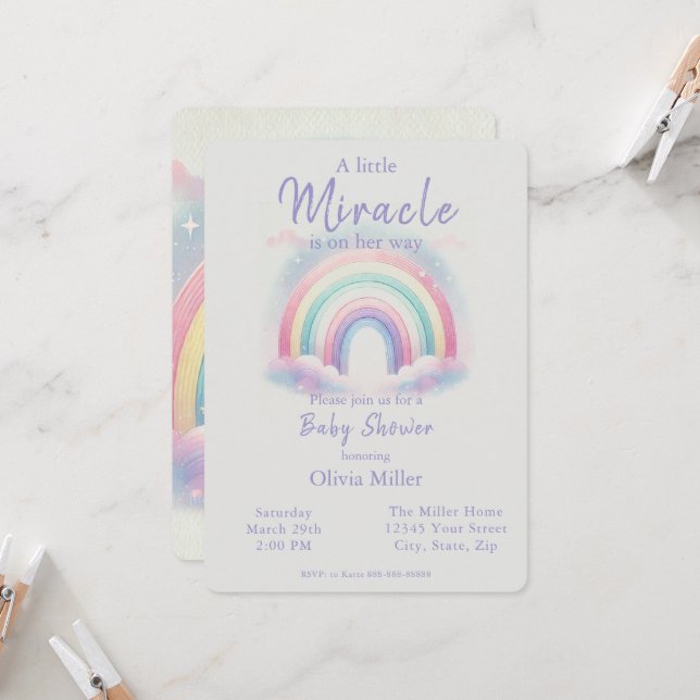 Pastel Rainbow Baby Shower Einladung für Mädchen (Vorderseite/Rückseite Beispiel)