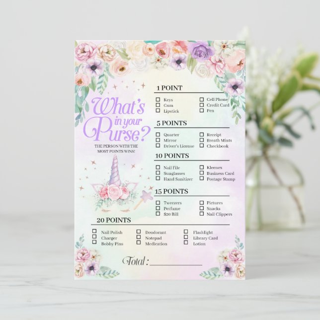 Pastel Rainbow Baby Was ist in Ihrer Purse-Spielka Einladung (Stehend Vorderseite)