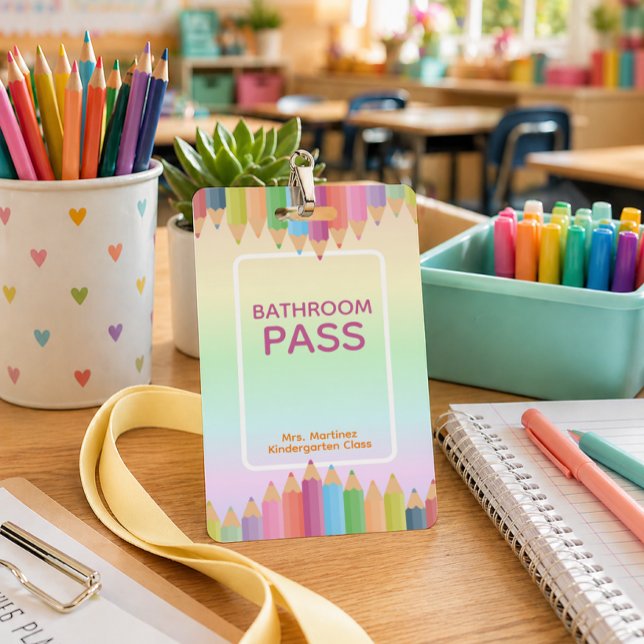 Pastel Rainbow Bad Pass Abzeichen für Lehrer Ausweis (Classroom Bathroom Pass)